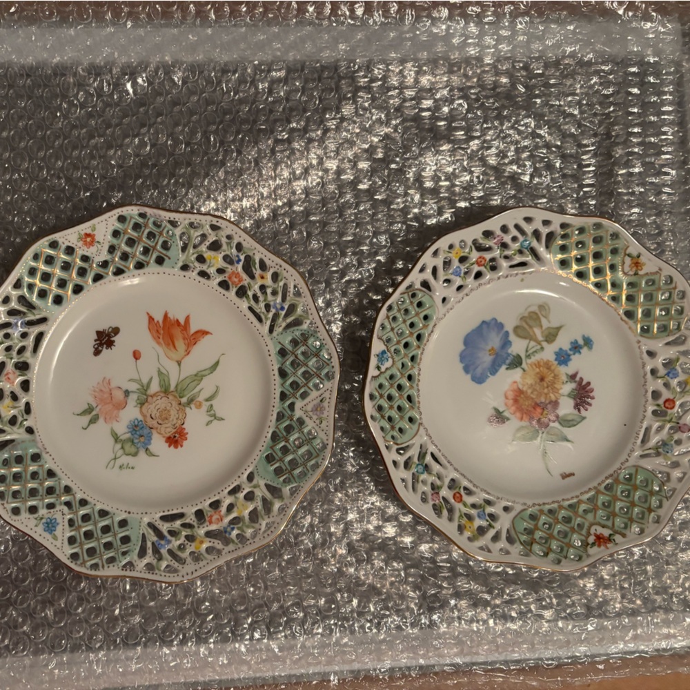Porcelain reticulated plate with hand-painted floral design by Dresden